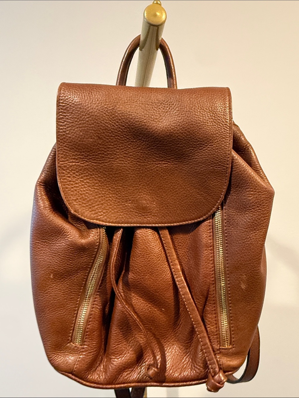 Kelly Tooke Camel Brown Full Grain Leather Backpack Red Suede Drawstring